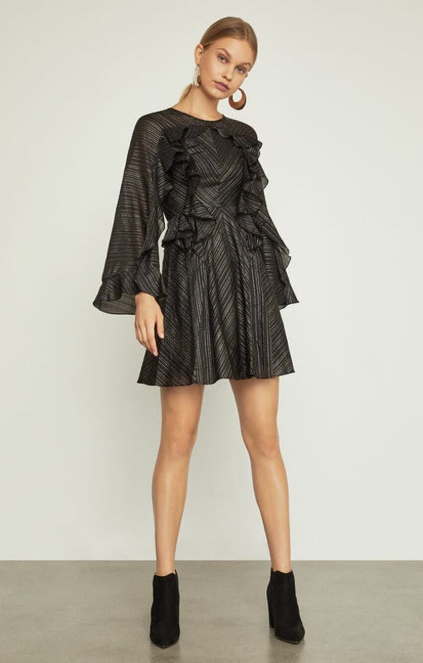 BCBG Maxazria Mini Dress Black Metallic Stripe Ruffle Bell Sleeves Size XXS NWOT